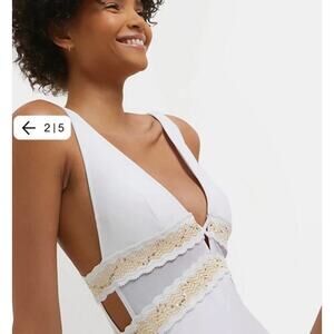 NWT River Island Women's White Gold Sequined Embroidered Plunge Swimsuit, sz 2
